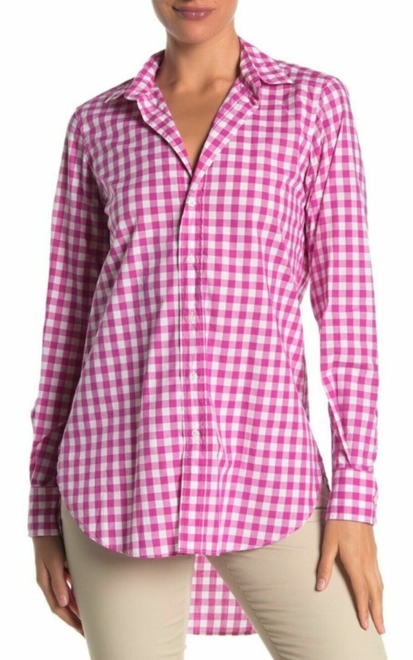 Frank & Eileen Grayson Pink White Gingham Button Up Tunic Shirt Womens Small